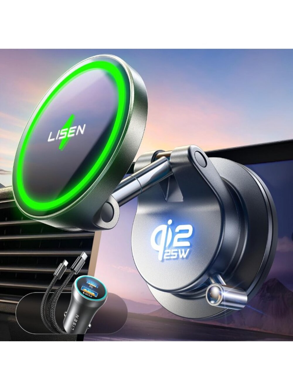 25W Fast Wireless Car Charger Mount for iPhone 18 Pro Max, Qi2 MagSafe, Suction